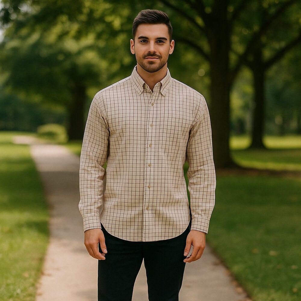 Columbia Men XL Tan Plaid Logo Pocket Long Sleeve Button Down‎ Casual Preppy Y2K